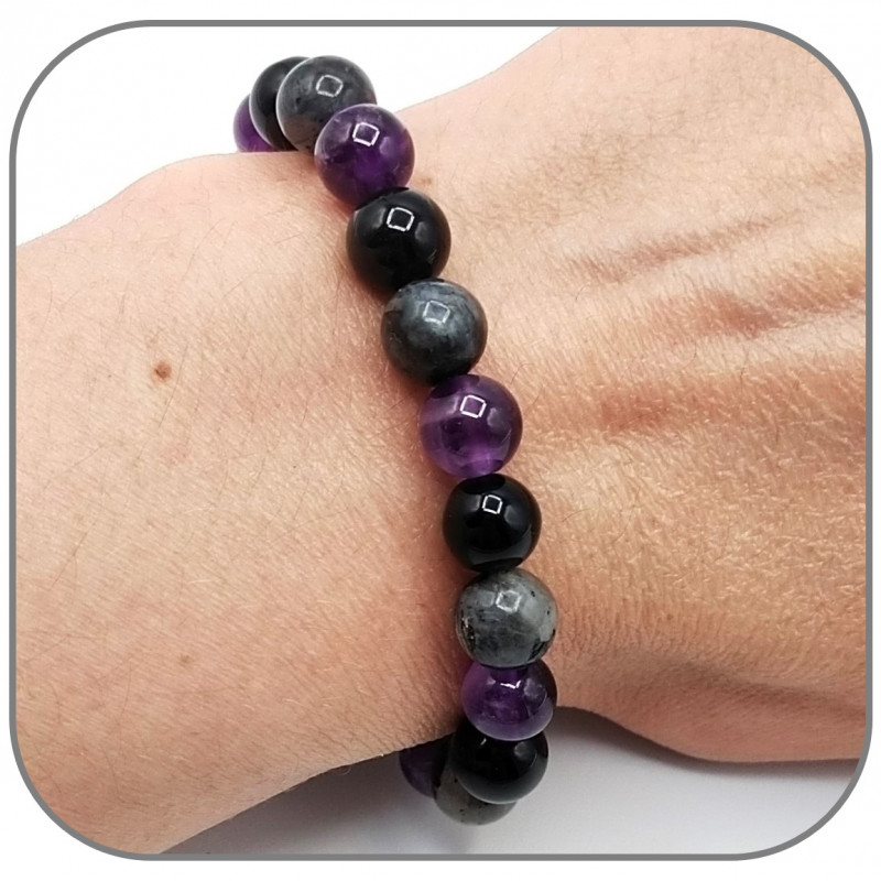 Bracelet En Pierres Précieuses Véritable Améthyste Et Spinelle Noire - Laiton Plaqué Or - Rose-Mimosa