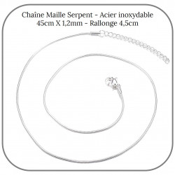 Chaîne Acier Argenté Maille Serpent 45cmX1.2mm Rallonge 4.5cm