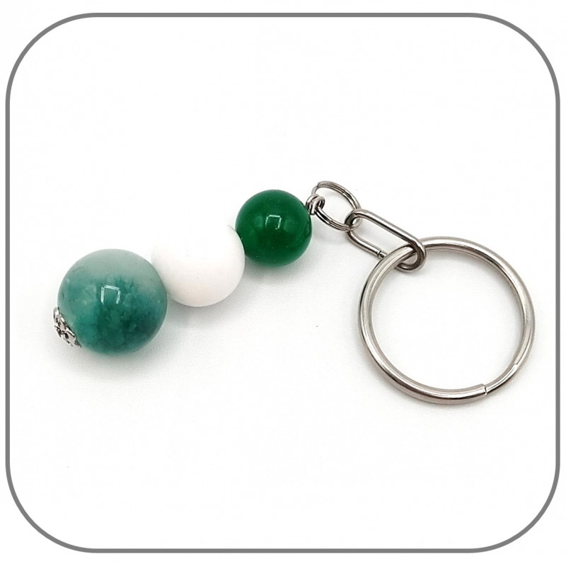 Porte clés Calme intérieur Agate marbré vert Jade blanc et Jade de Malaisie Pierre naturelle ronde 10/12/14mm