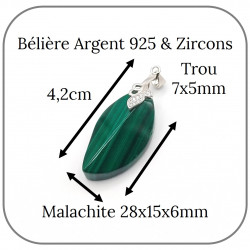 Pendentif Malachite Pierre naturelle Bélière Argent 925 décor feuille Zircons
