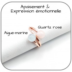 Bague Toi et Moi réglable Aigue-Marine Quartz rose Argent 925 Or Rose Pierre naturelle 6mm