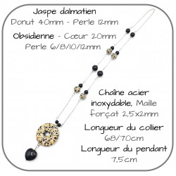 Collier Sautoir 70cm Pierre naturelle Obsidienne Jaspe dalmatien Pendentif Donut et Cœur
