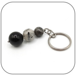 Porte clés Labradorite, Quartz rutile noir, Obsidienne Pierre naturelle ronde 10/12/14mm
