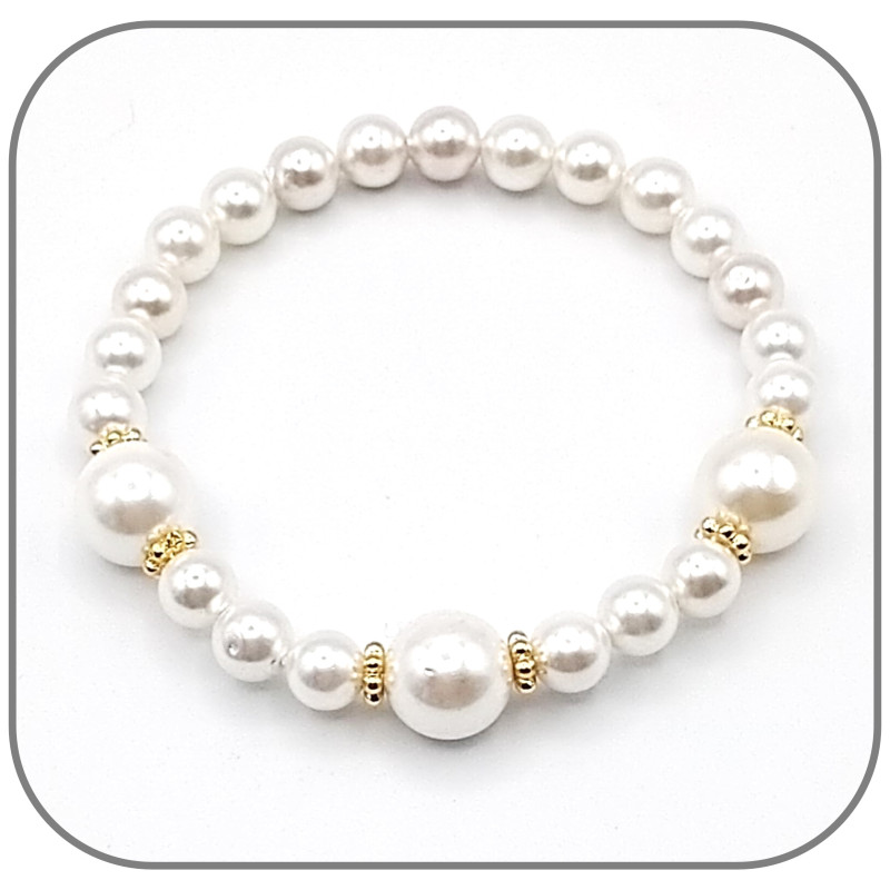 Bracelet Perle de Nacre Blanche 10mm et 6mm Corolle argent ou doré