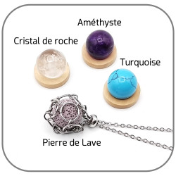 Collier Pierre interchangeable Cristal de roche, Améthyste, Turquoise, Pierre de lave Option Huile essentielle