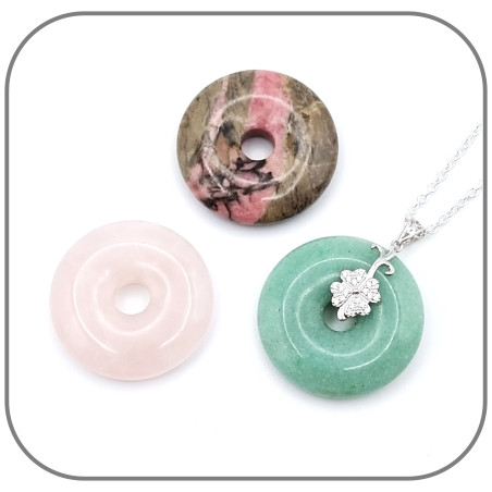 Pendentif Donut pierre naturelle 30mm Trèfle Argent 925 & Zircons