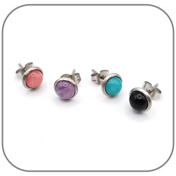 Boucles d'oreilles Acier argent Cabochon Pierre naturelle 6mm