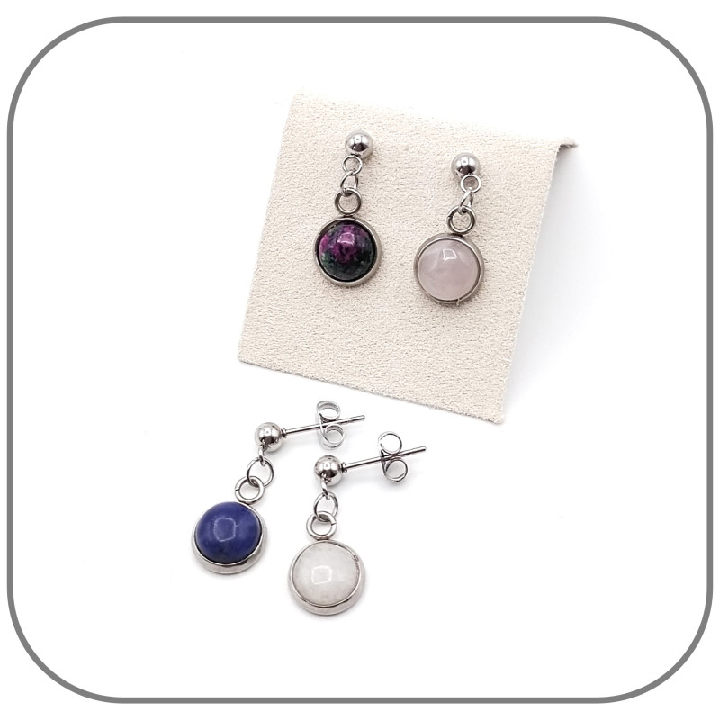 Boucles d'oreilles Pendantes Cabochon Pierre naturelle 8mm Acier argent