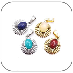 Pendentif Rayon de soleil Pierre Cabochon Ovale Acier argent ou plaqué Or 18k