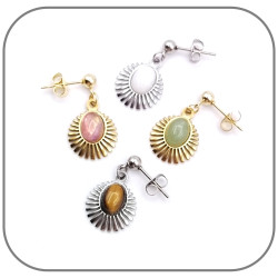 Boucles d'oreilles Rayon de soleil Pierre Cabochon Ovale Acier argent ou plaqué Or 18k