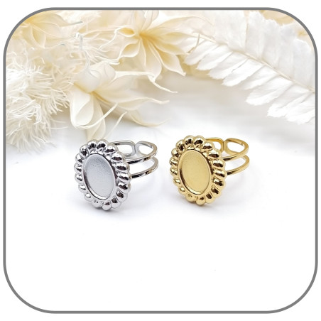 Composant de bague cabochon ovale 10x8mm réglable décor perlé Acier inoxydable argent ou doré