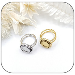 Composant de bague cabochon ovale 10x8mm réglable décor perlé Acier inoxydable argent ou doré