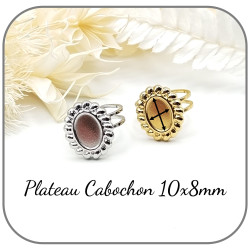 Composant de bague cabochon ovale 10x8mm réglable décor perlé Acier inoxydable argent ou doré