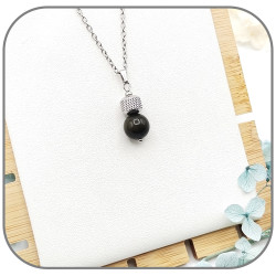 Pendentif Pierre naturelle ronde 10 mm Acier argent Perle au choix