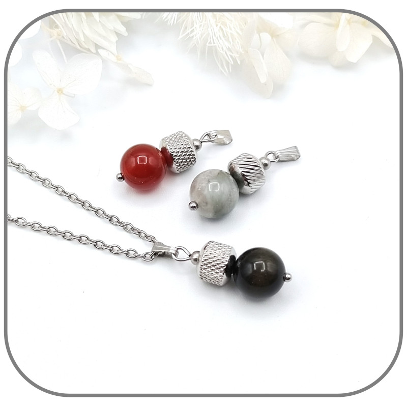 Pendentif Pierre naturelle ronde 10 mm Acier argent Perle au choix