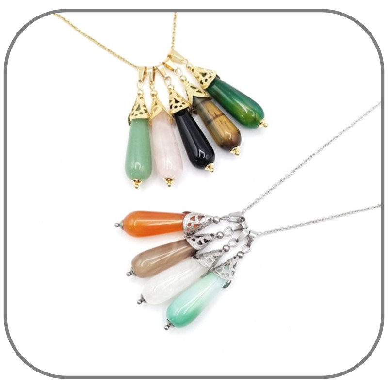 Pendentif Pierre naturelle goutte au choix, Acier argent ou doré